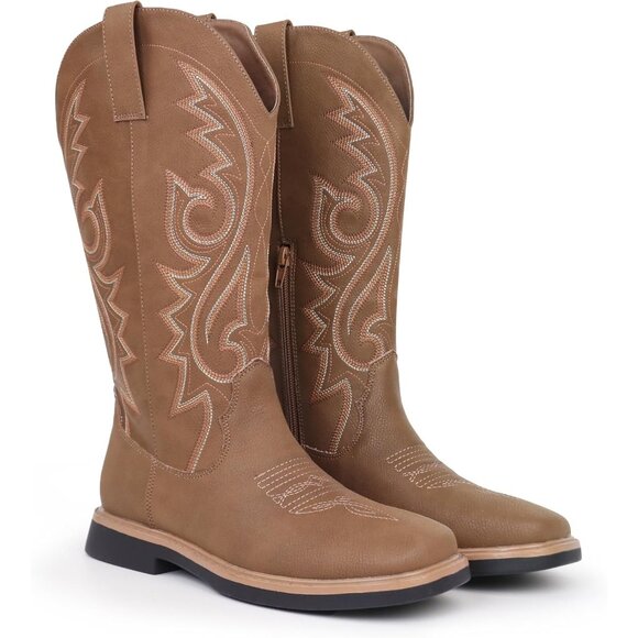 Women's Brown Embroidered Square Toe Side Zipper Western Mid Calf Dress Boots - Picture 5 of 6